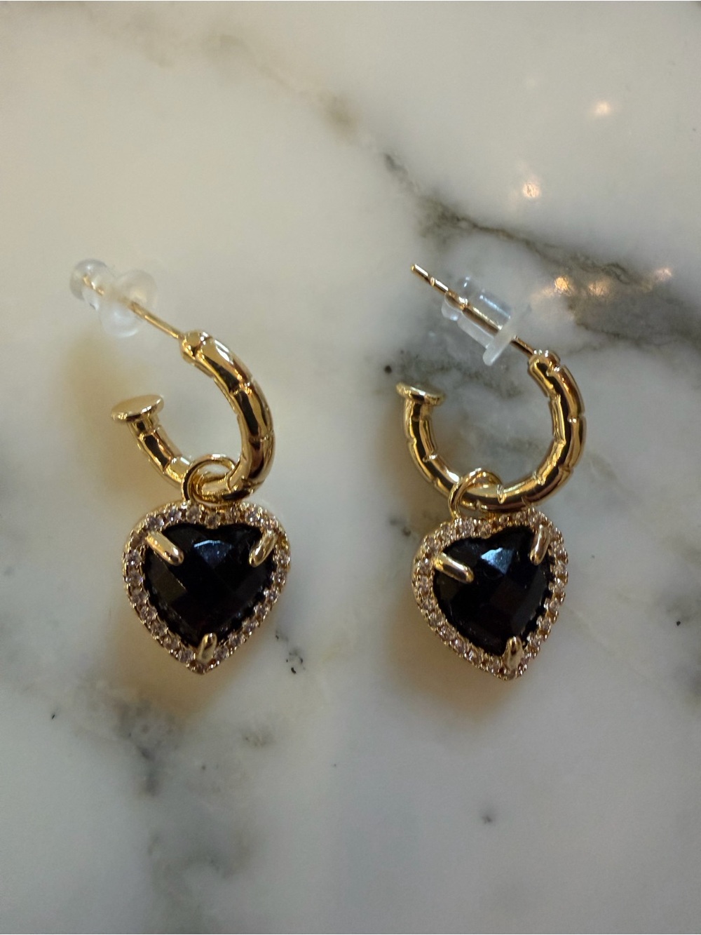 NWOT Gold Tone Black Crystal Heart Hoop Earrings | Rhinestone Dangle Mini Hoops - Picture 2 of 4